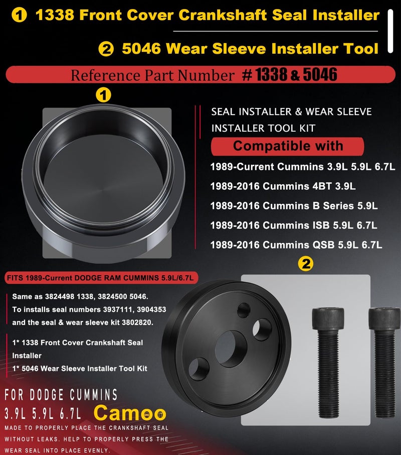 Camoo 1338 Front Cover Crankshaft Seal Installer &5046 Wear Sleeve Installer Tool Kit For Dodge Cummins 3.9L 5.9L 6.7L Replace OE 1338/3824498, 5046/3824500 - Image 2